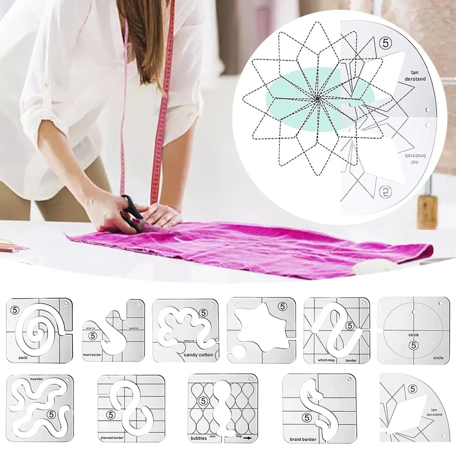 11Pcs Free Motion Quilting Templates Set DIY Sampler Curve Style Clear Frames Domestic Sewing Cloth Ruler for Household Machine