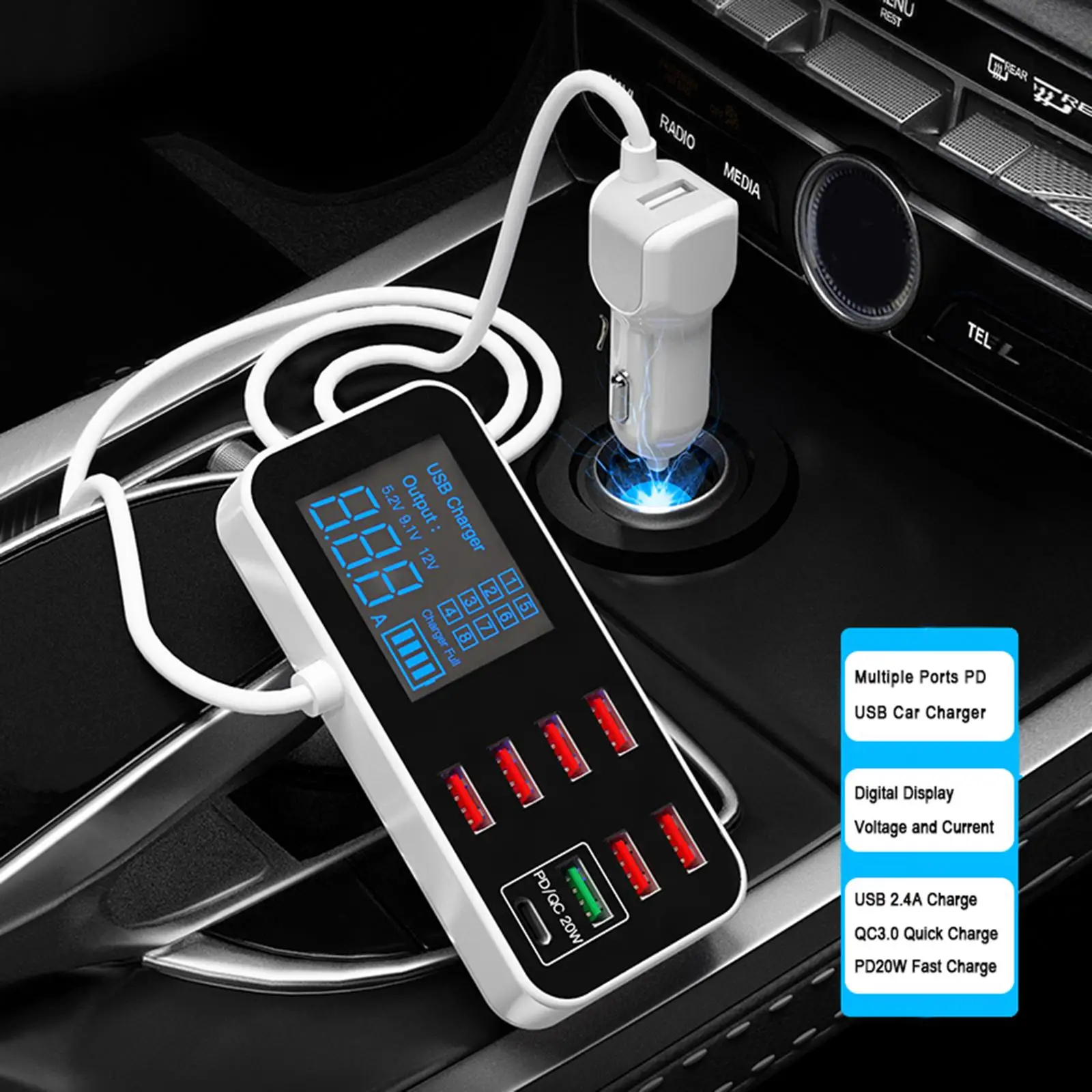 s USB Car Charger, 9 Ports Digital Display Lighter Adapter Fit for 