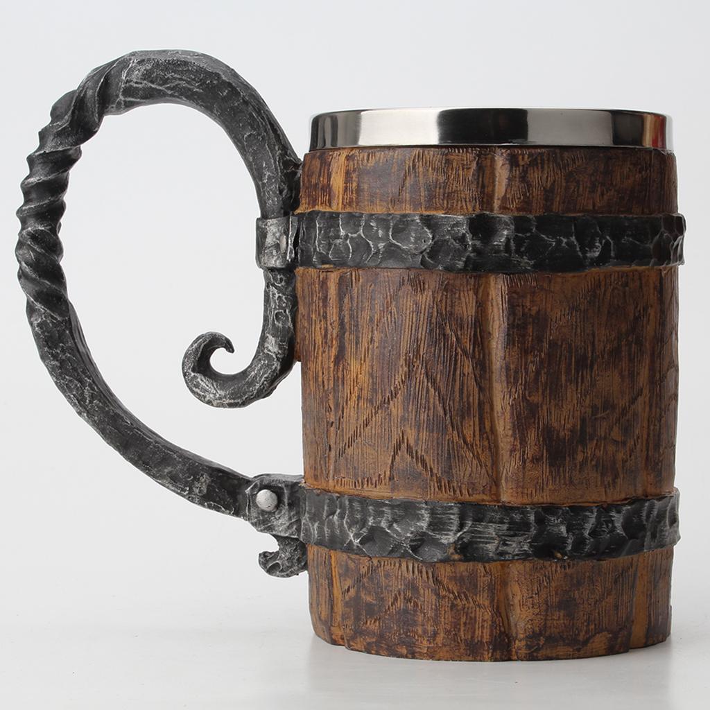 Retro Imitated Wooden Resin Beer Mug Steel Coffee   Tea Cup Pub Bar Decors