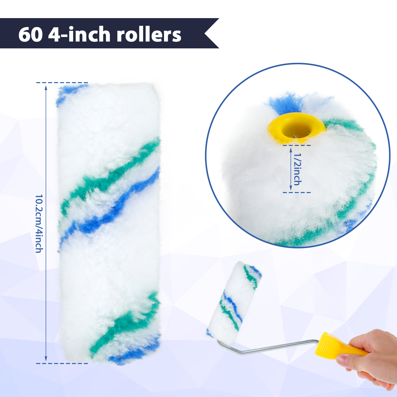 Description Picture 4 of item61Pcs Paint Roller Covers Kit 4in Paint Rollers Polyester Paint Roller Brush Reusable Paint Roller Handle with 60 Roller Brush
