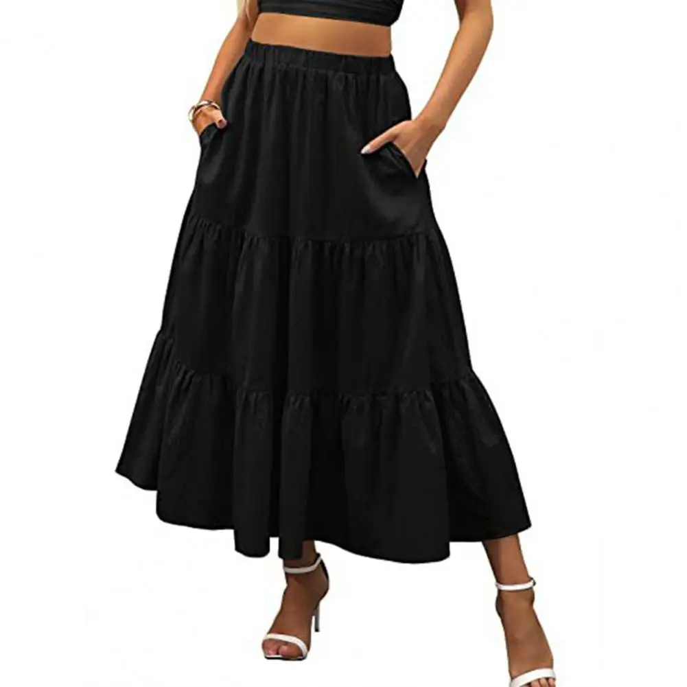 2023 Fashion High Waist Skirt Women Vintage Pleated Zipper Swing Long Skirt Casual Loose Solid A-line Party Beach Skirt