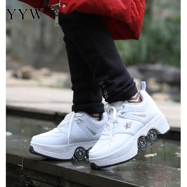  MLyzhe Dual Use Roller Shoes Casual Sneakers Walk Skates Men  Women Runaway Skates Four-Wheeled Deform Wheel Skates,White,35 : Sports &  Outdoors