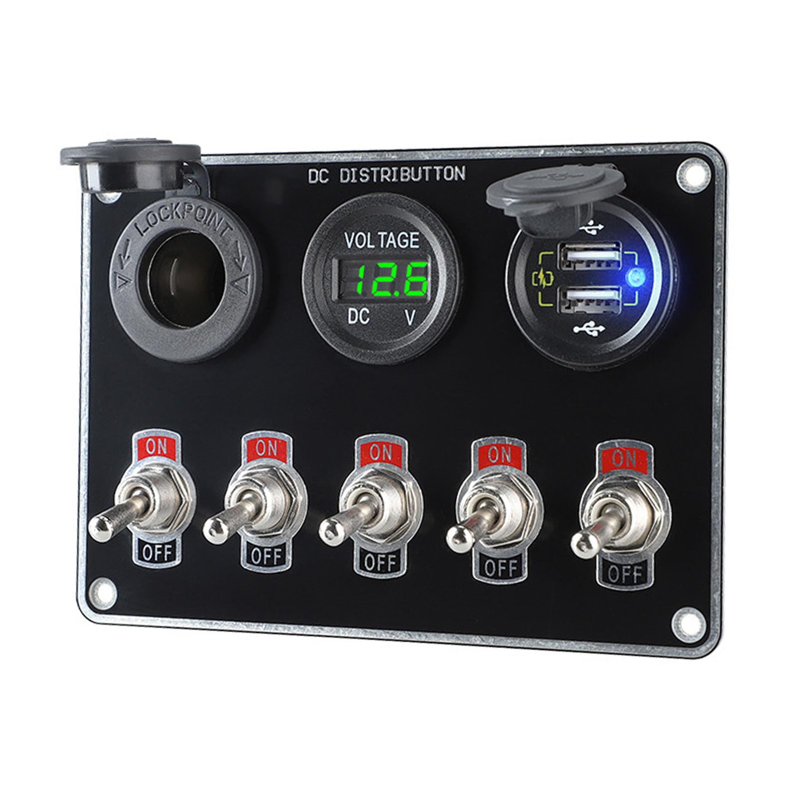 Multi-Function 5 Gang Boat Switch Panel Circuit Control Dual USB Charger Trailer RV