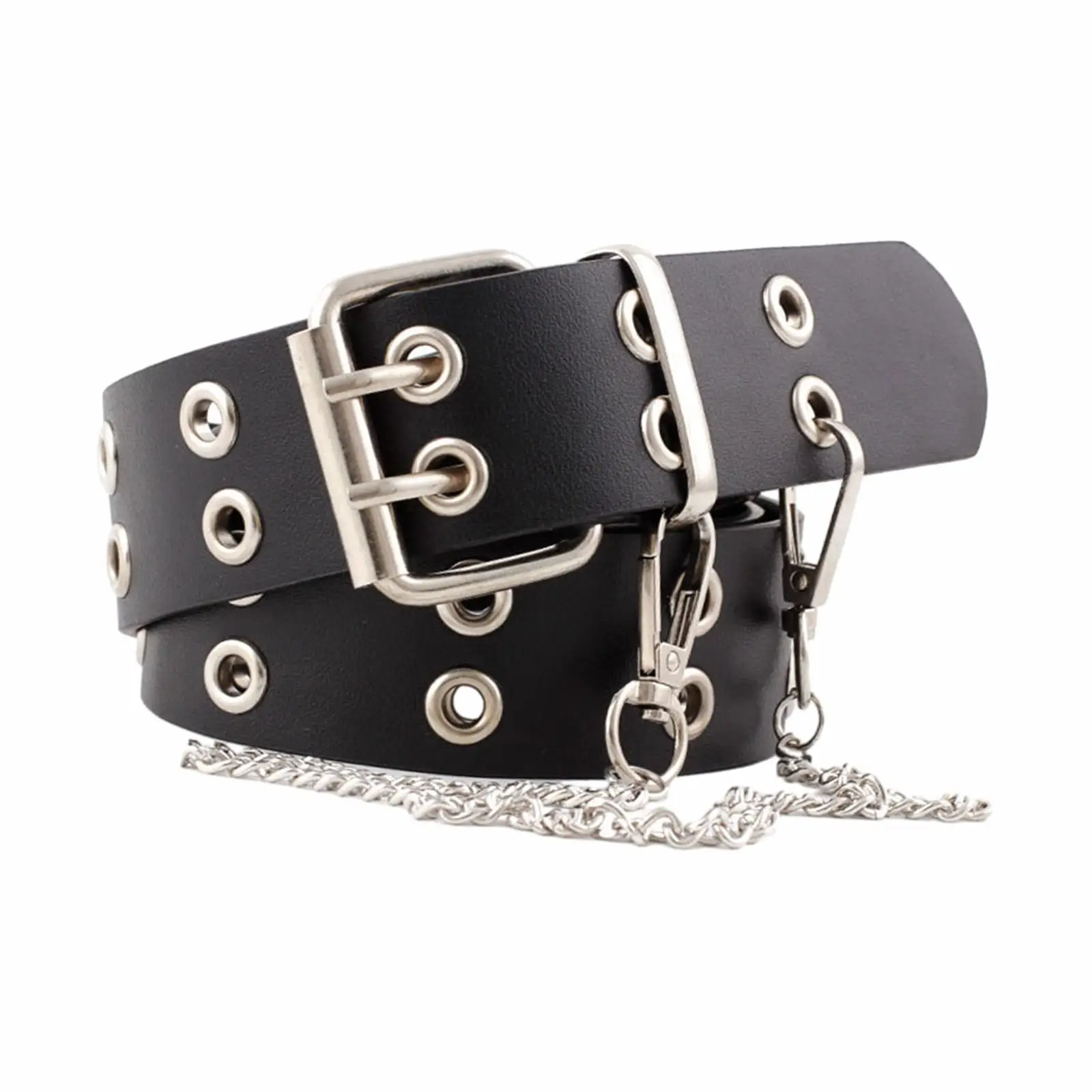 Double Grommet Belt with Chain PU Leather Rock Adjustable with 2 Holes Eyelet Gothic Punk Belt for Club Jeans Cosplay Women Men