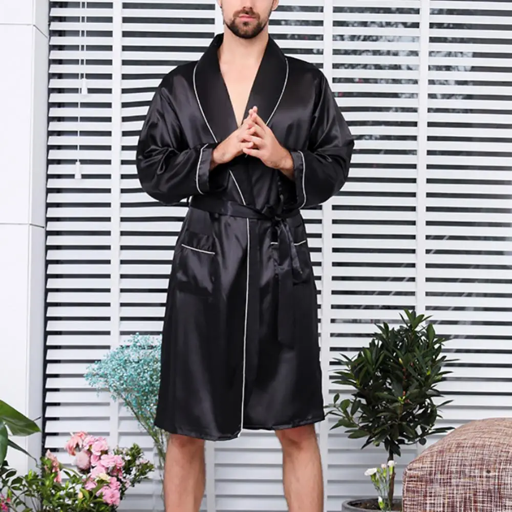 mens silk pajama set Men Bath Robe Black Lounge Sleepwear Silk Nightwear For Men Comfort Silky Bathrobes Noble Dressing Gown Men's Sleep Robes cotton pajamas for men