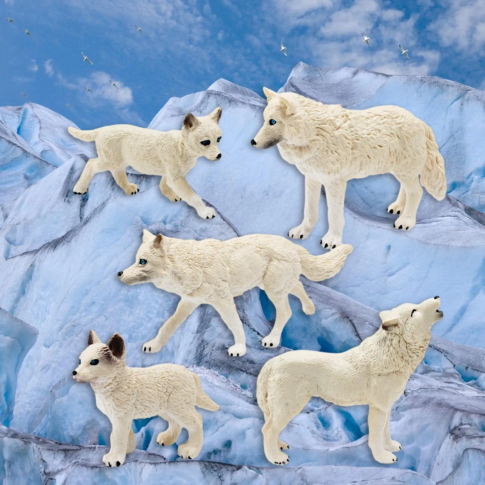 5Pcs Wolf Figurines White Wolf Playset Model Preschool Simulation Wildlife Animal Statue for Birthday Gifts Cake Topper