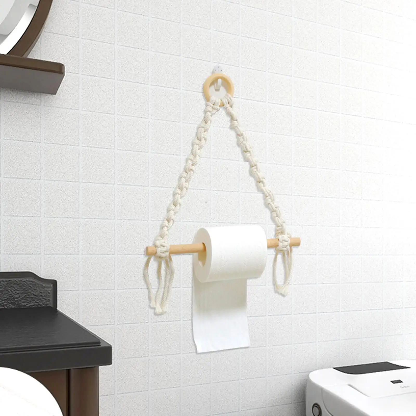 Wood and Rope Toilet Roll Holder Decorative Wall Tapestry Towel Hanging Bar Rope Wall Mount for Laundry Room Kitchen Hotel Home