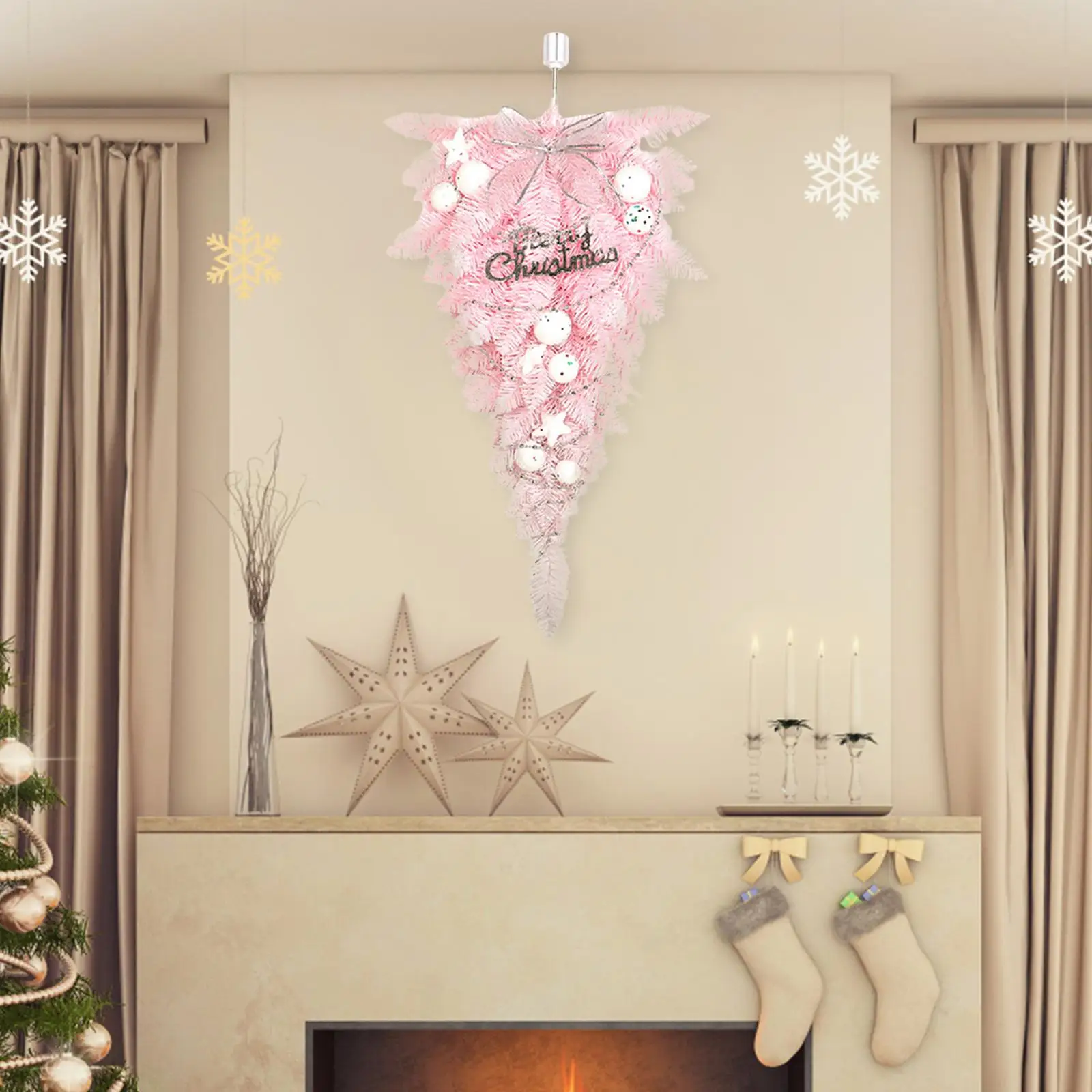 57cm Pink Christmas Upside Down Tree Decoration Christmas Ornament Hanging Wreath for Xmas Party Supplies Versatile Durable