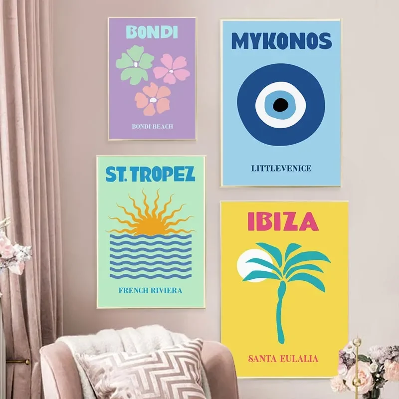 S38b3e214b9a34ec189a855da406a86b4n Modern Bohemian Aesthetic Wall Art Mykonos Ibiza Miami Bondi Amalfi SAN Tropez Color HD Oil On Canvas Poster Home Decor Gift
