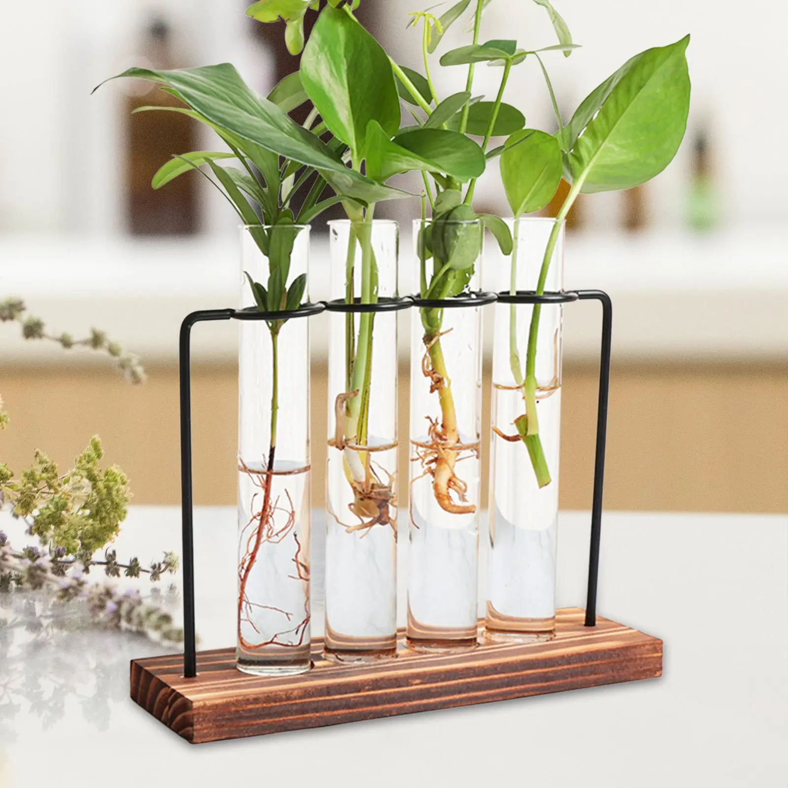 Test Tube Vase for Flowers Wooden Base Plant Vase Table Centerpiece Terrarium for Indoor Wedding Office Desktop Home Decor