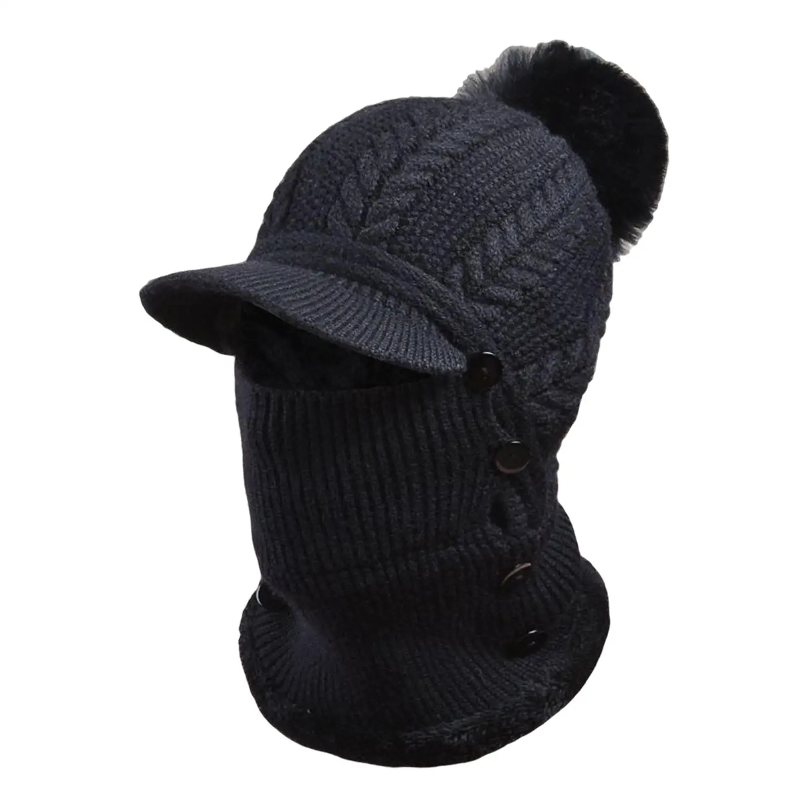 Winter Ski Cap Neck Scarf Button Hat Protection Knit Balaclava for Camping