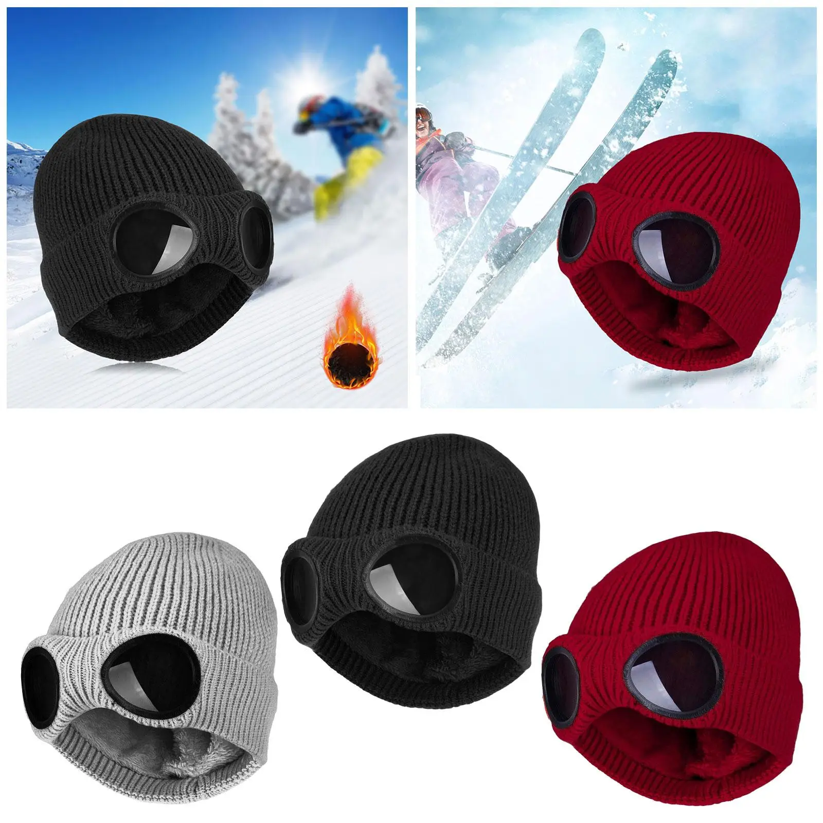 Fashion Winter Warm Knit Hats Thicken Headgear Plush Soft with Glasses Caps for Men Women Girls Boys Hiking Riding Cycling
