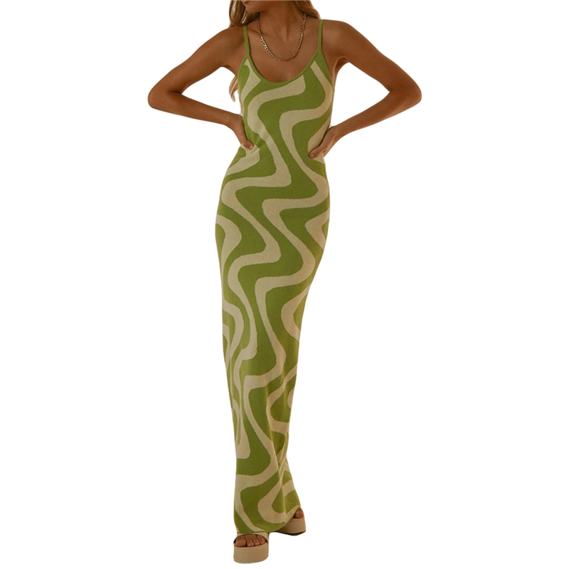 y2k Knitted Dresses Women Geometric Print Spaghetti Strap Sleeveless Bodycon Dresses 2000s Long Night Party Dresses