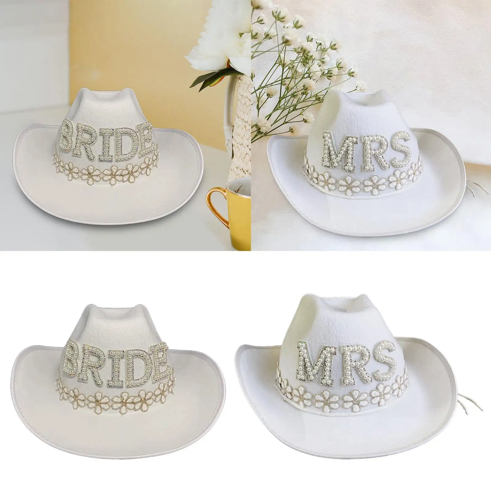 Western Style   Hat Wide Brim Pearl Beaded Wedding  Hat for Cocktail  Outdoor Engagement Party