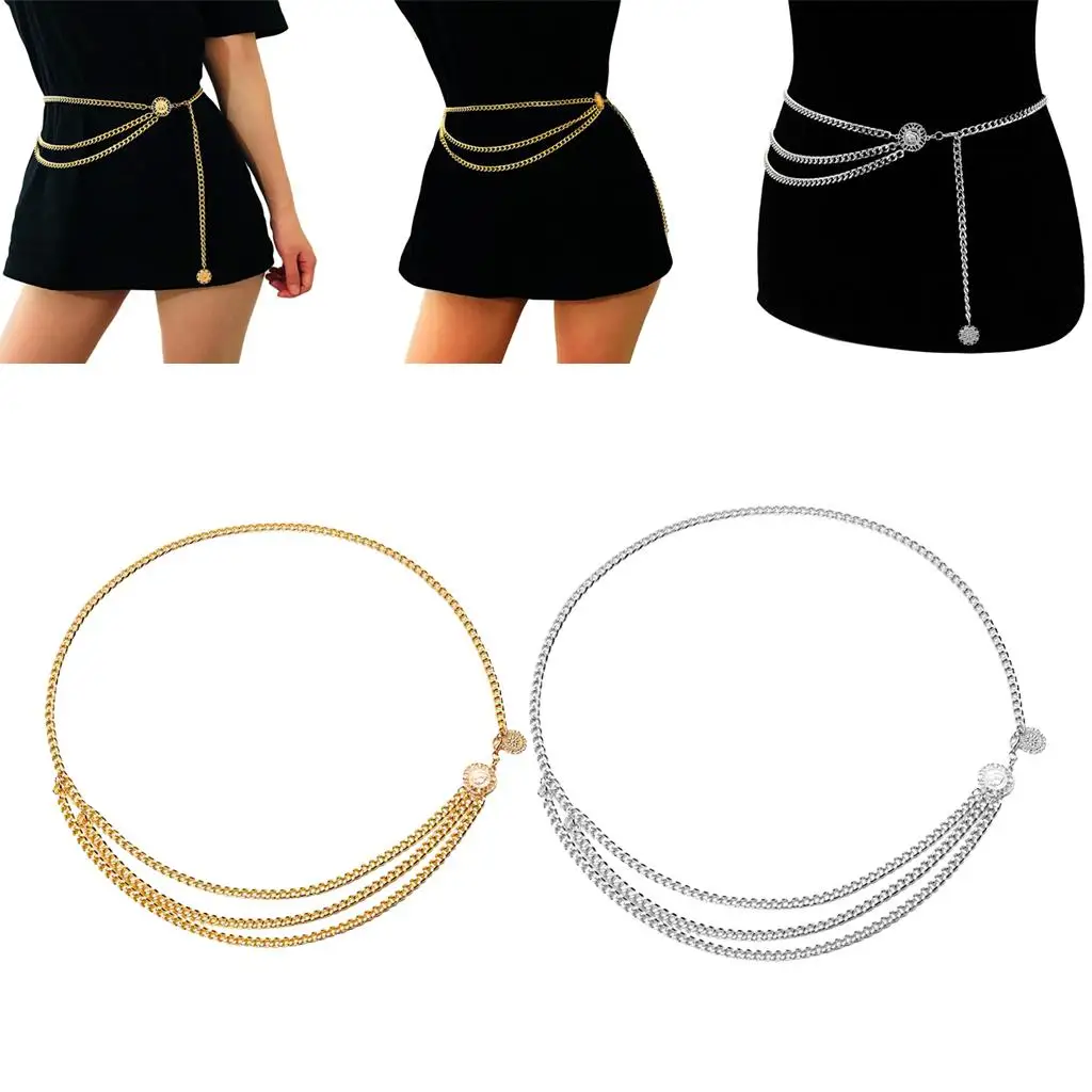 Women Retro Metal 3 Layer Body Chain Tassel Bikini Waist Chain Decor Jewelry