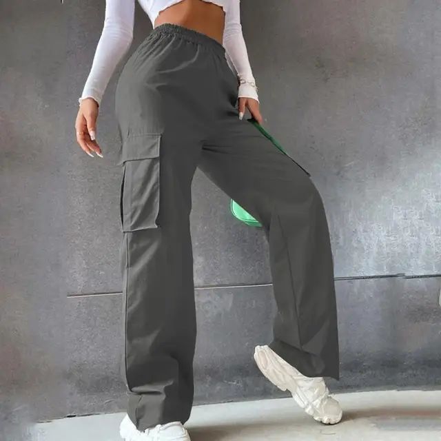 Women Cargo Pants Side Flap Pocket Trousers Solid Color Elastic Waist Wide  Leg Female Pants Casual Korean Joggers Sweatpants - AliExpress