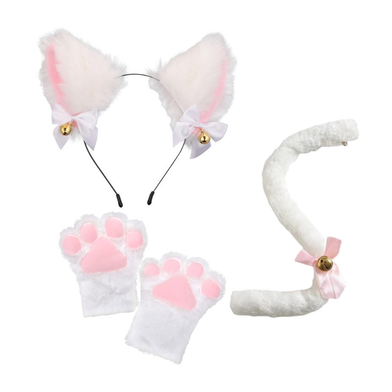 Katzenkostüm-Set, Katzenohren, Stirnband, Schwanz, Glöckchen, Spitze, Halsreif, Handschuhe für Kinder, Mädchen, Jungen, Cosplay – Detail 5