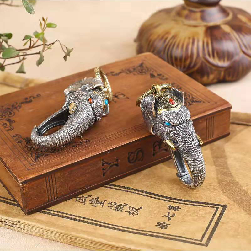 RetroSen Neue Silber Manuelle Elefanten Gott Des Reichtums Anhänger Ring Schnalle Auto Keychain Persönlichkeit Kreativität Vintage Besteck – Detail 5
