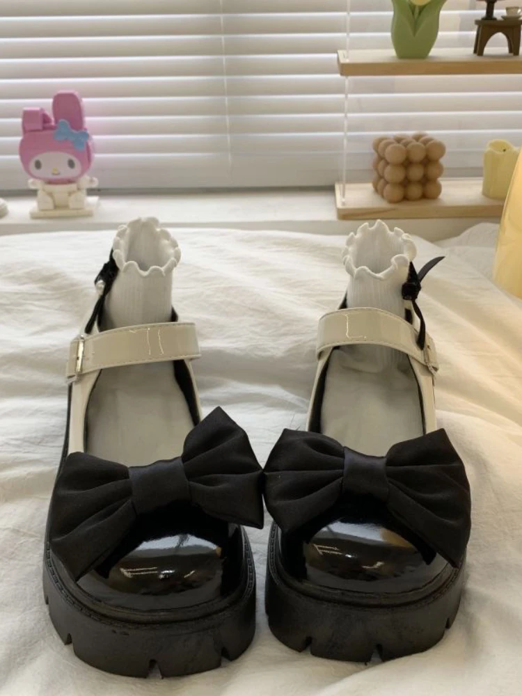 Platform Shoes Lolita Style Sweet Casual Fashion Shoes Non Slip 2022 Summer  Bow Design Hollow French Elelgant Sandals Ou Color Black Shoe Size 37