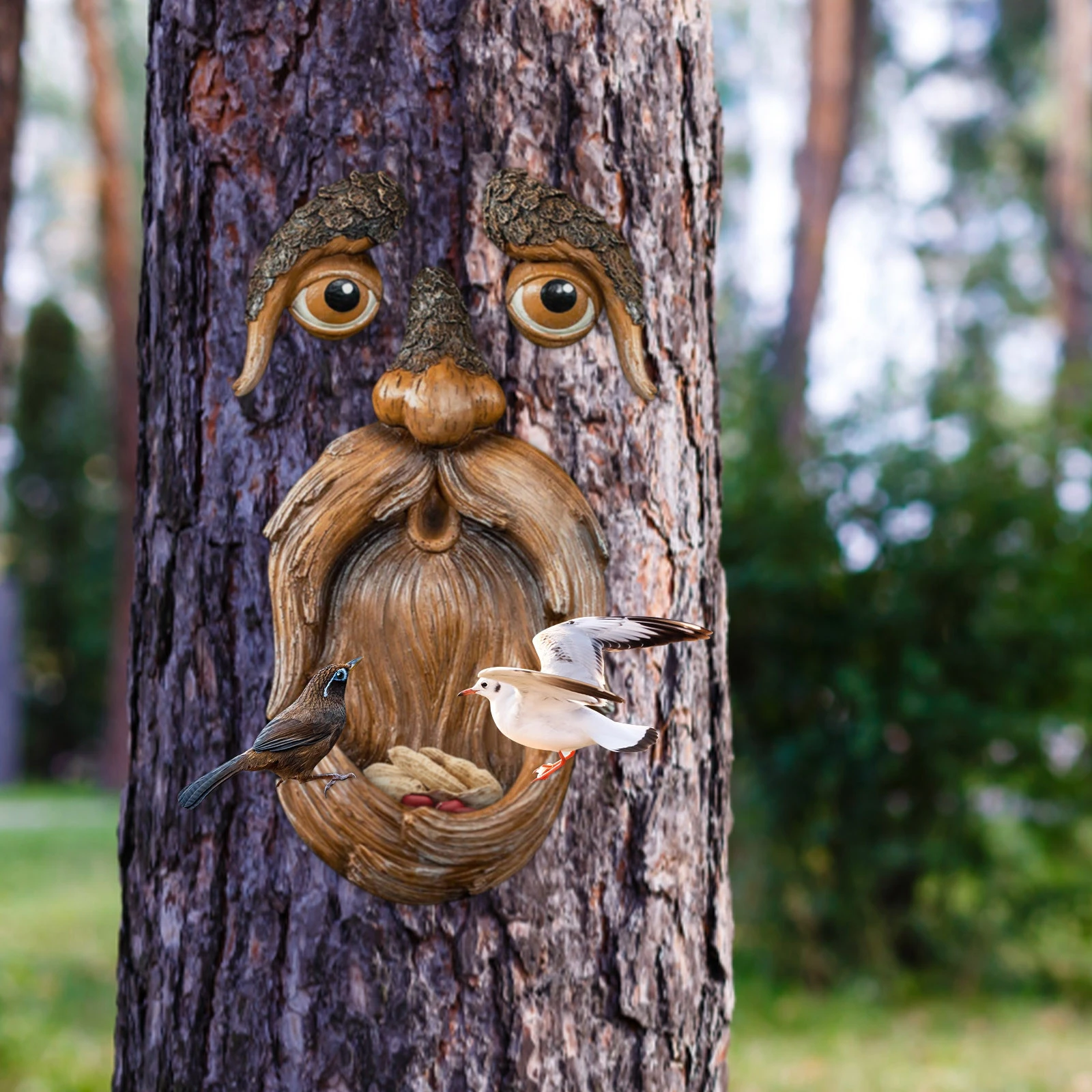Bird Feeder Tree Face Decor Outdoor Old Man Sculpture Yard Garden Ornaments 