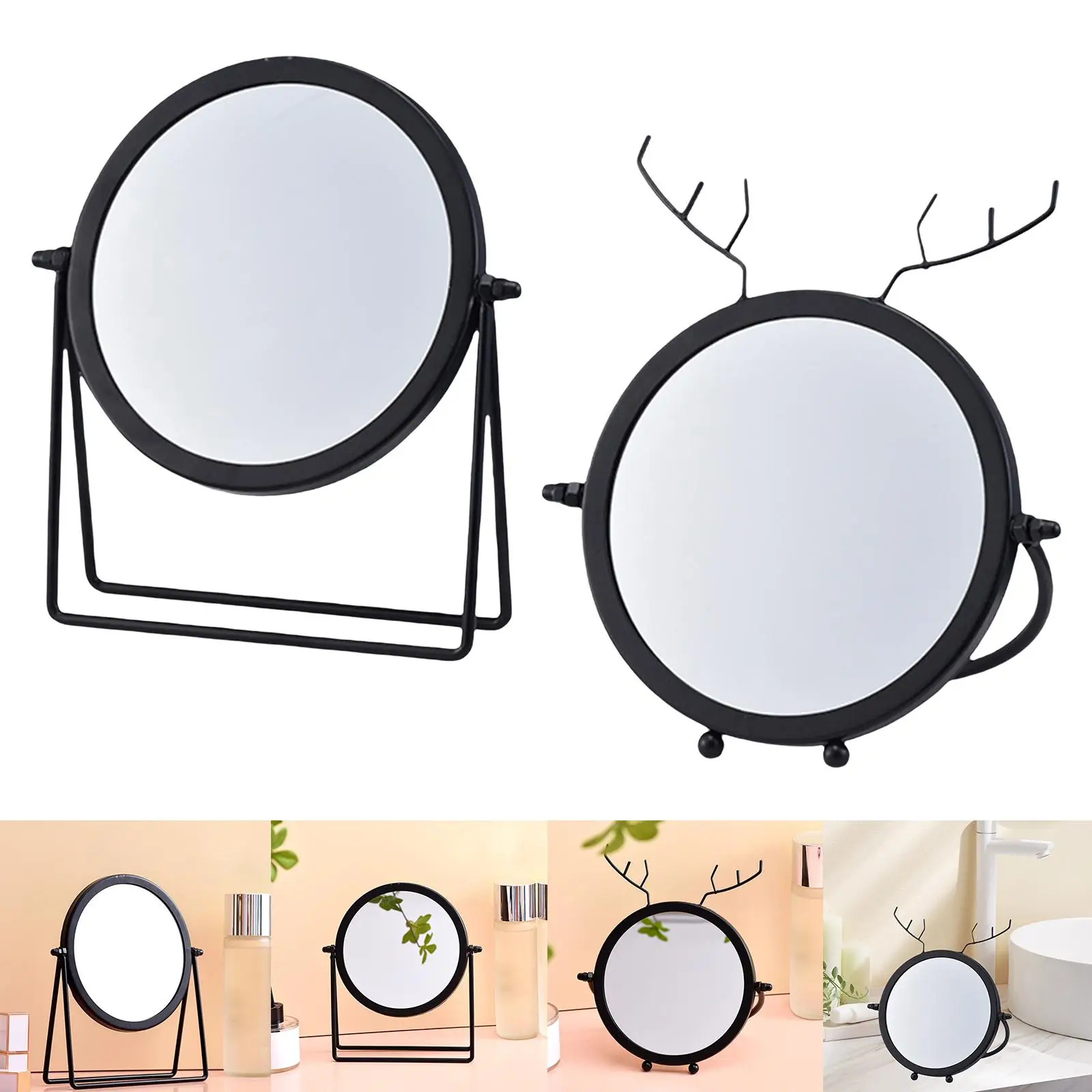 Desktop Makeup Mirror Iron Art Round Small Stand Mirror Modern 360° Rotation Mirror Table Mirror for Bedroom Tabletop Home Women