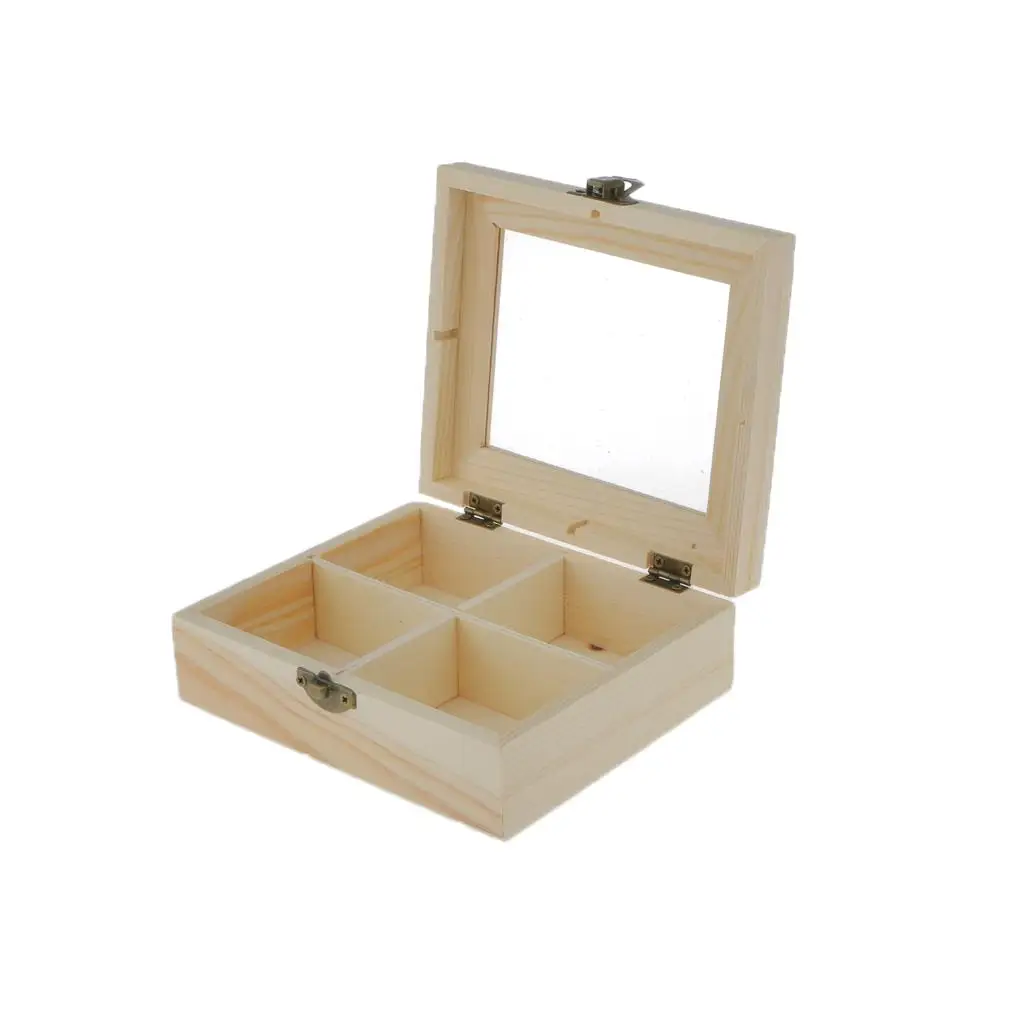 Plain Unpainted Wooden 4 Jewelry Storage Box Glass Lid Chest Box Case