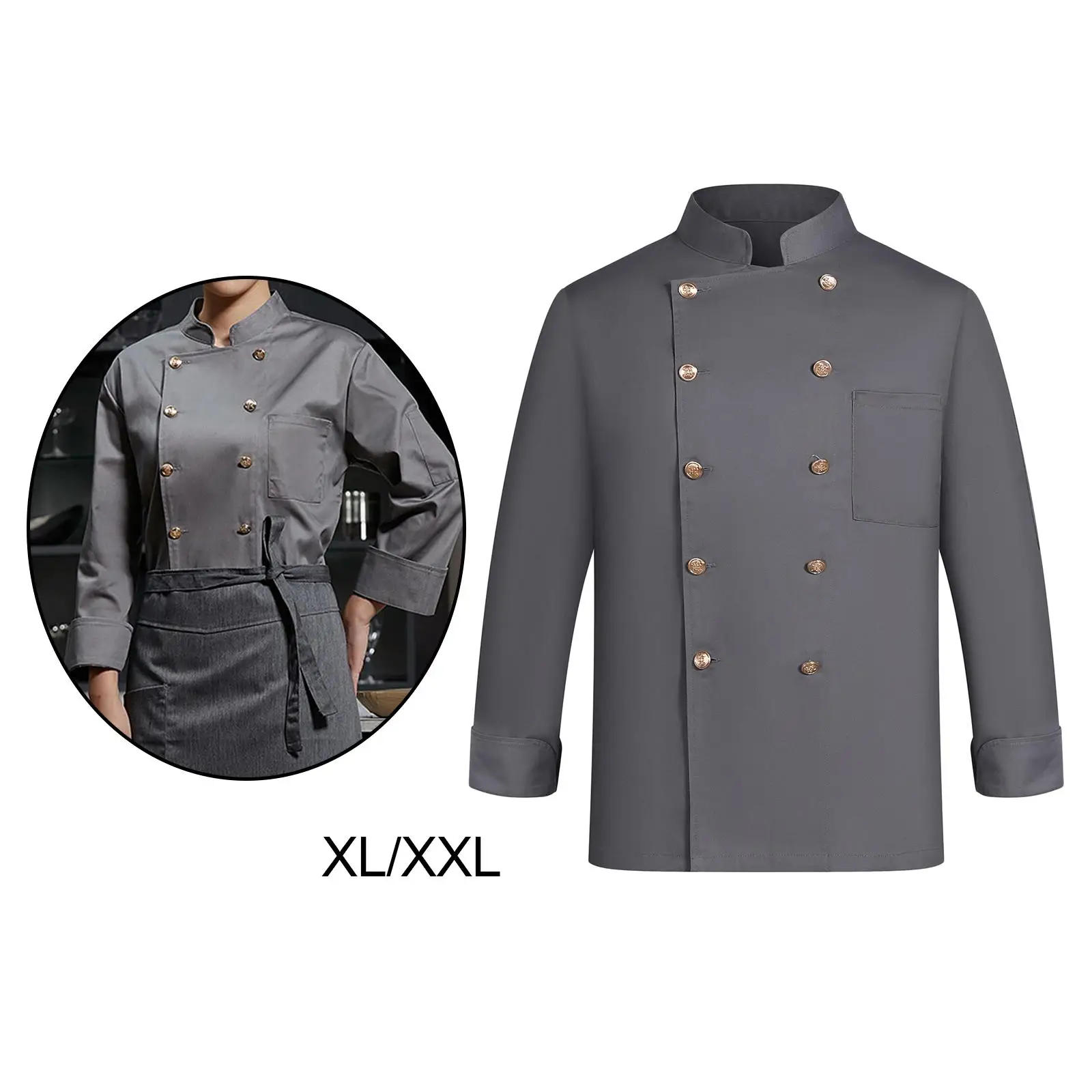 Chef Jacket Folded Cuffs Overalls Clothes Men Wear Resistant Soft Gray Chef Coat for Kitchen Food Industry Buffet Pub