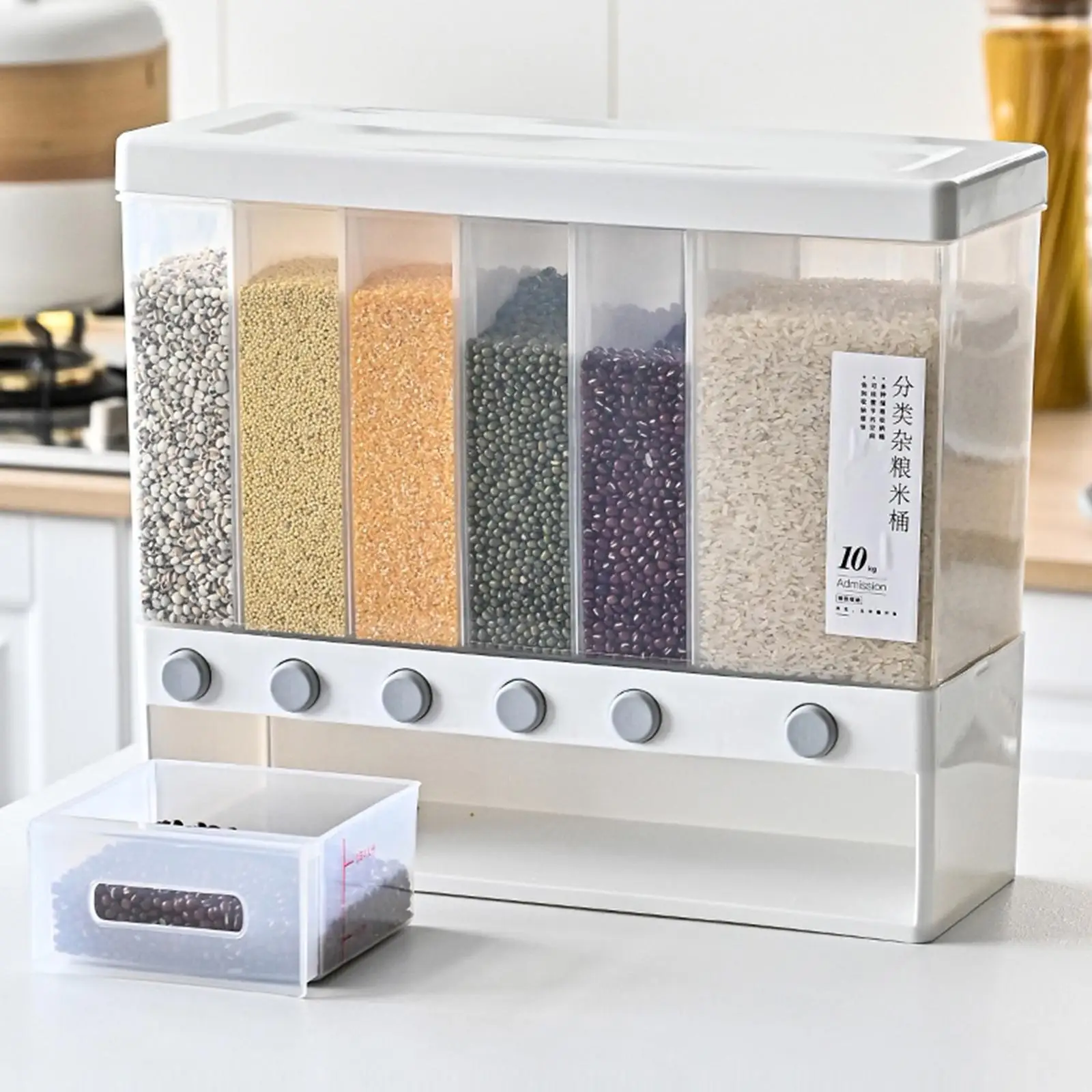 Wall-Mounted Rice Grain Beans Dispenser 6 Girds Pest-Proof Rack Sealed Food Storage Box for Kitchen and Home Kitchen Dispenser