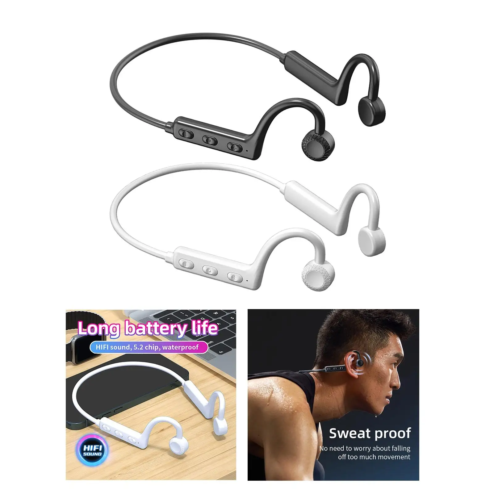 Bluetooth 5.1 Bone Conduction Headset, Open Ear Sports Driving 360 Degree Foldable Hands Free Earphones Easy Button Built in Mic
