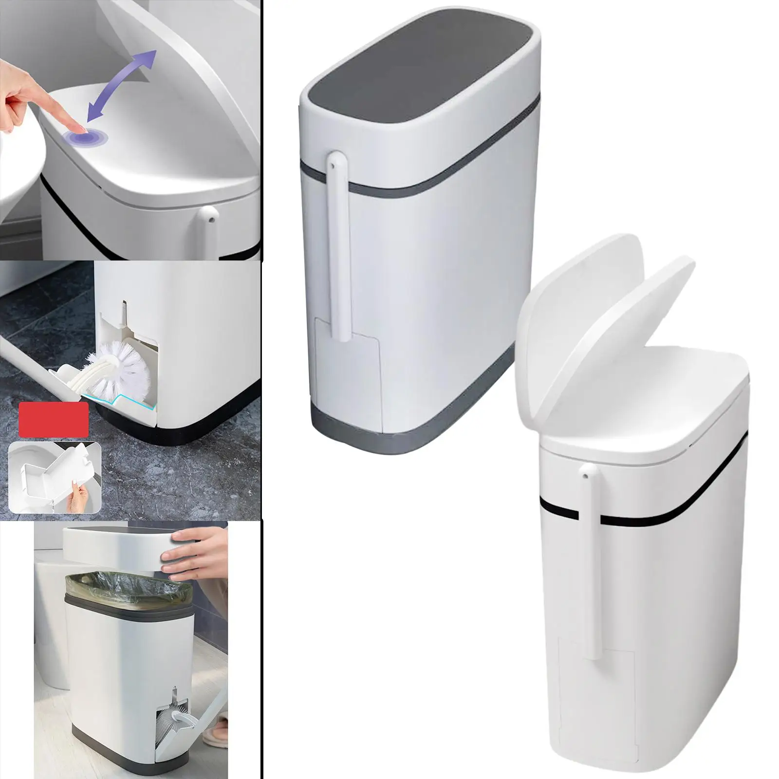 Narrow Trash Can with Toilet Brush Dustbin Bucket for Bathroom Bedroom Living room and home RV