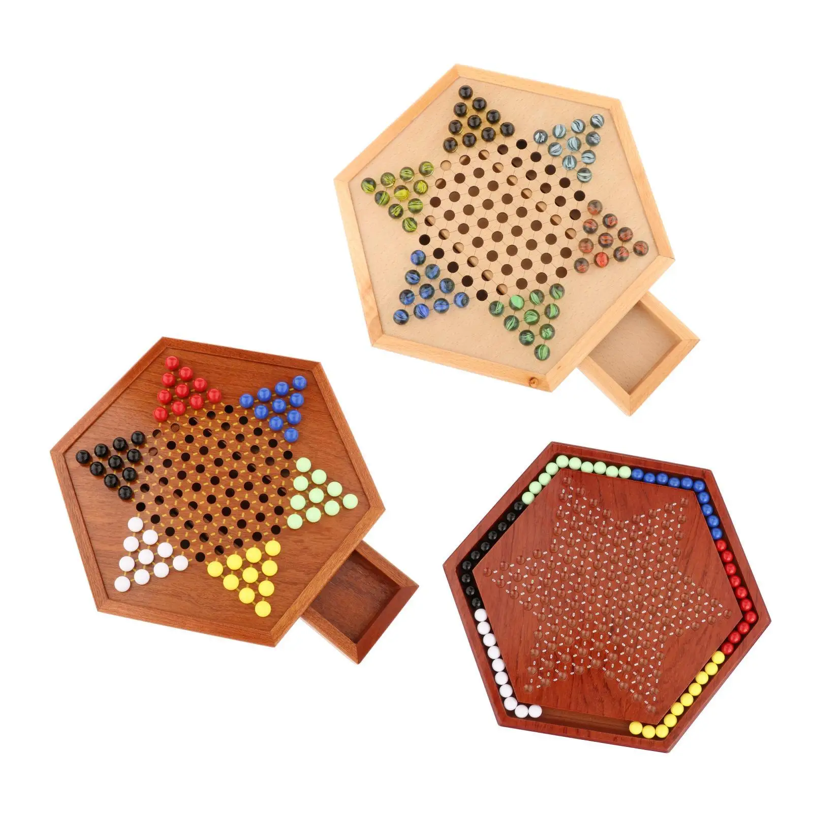 Traditional Chinese Checkers  Wooden Board w/ 60pcs 6-Color Marbles  Kids Table Game Multiplayer Children Gift