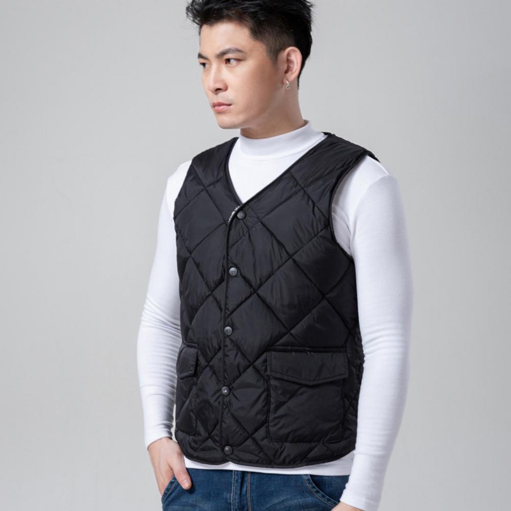 Description Picture 5 of itemVelvet Men Vest Jacket Windproof Plush Men's Winter Vest Coat Thick Padded Loose Fit with V Neck Single-breasted Pockets Warm