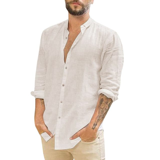 Chemise Lin Homme Manches Longues - Style Mao Décontracté - Coton/Lin - Regular Fit - Pour Été Et Plage