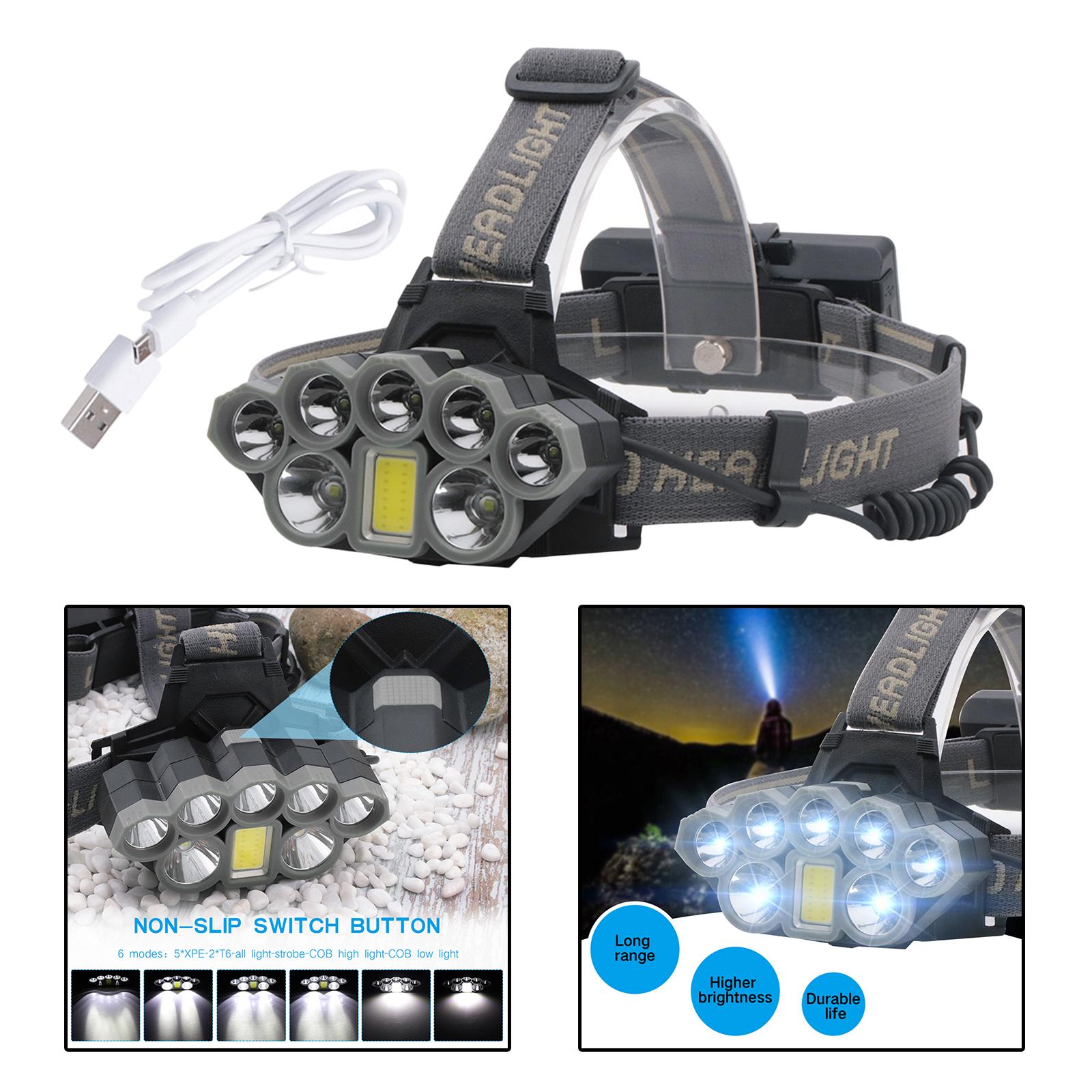 Headlamp Rechargeable 2 Batteries Waterproof 8 LED USB for Running Camping