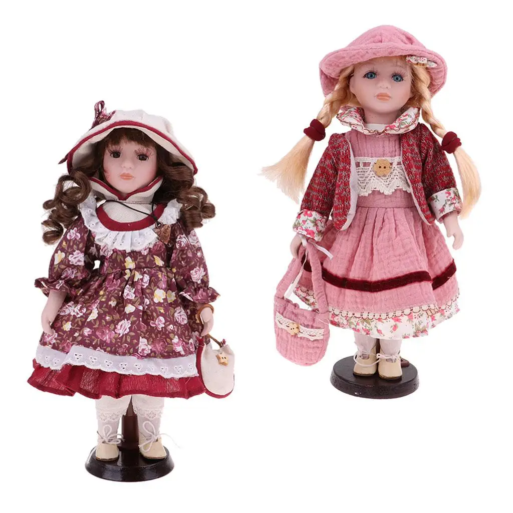 2pcs 30cm   Porcelain Doll with Dress Set & Stand Home Display Decor