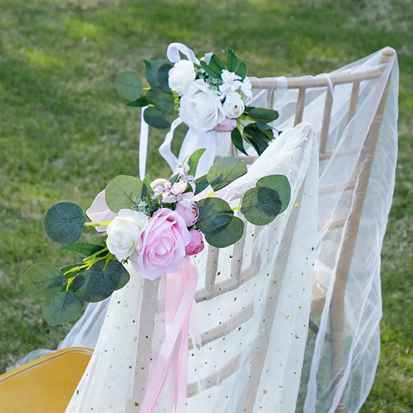 Aisle Chair Back Flower Artificial Bouquet Decoration with Leaves Ribbons Aisle Flower for Garden Event Outdoor Party Banquet