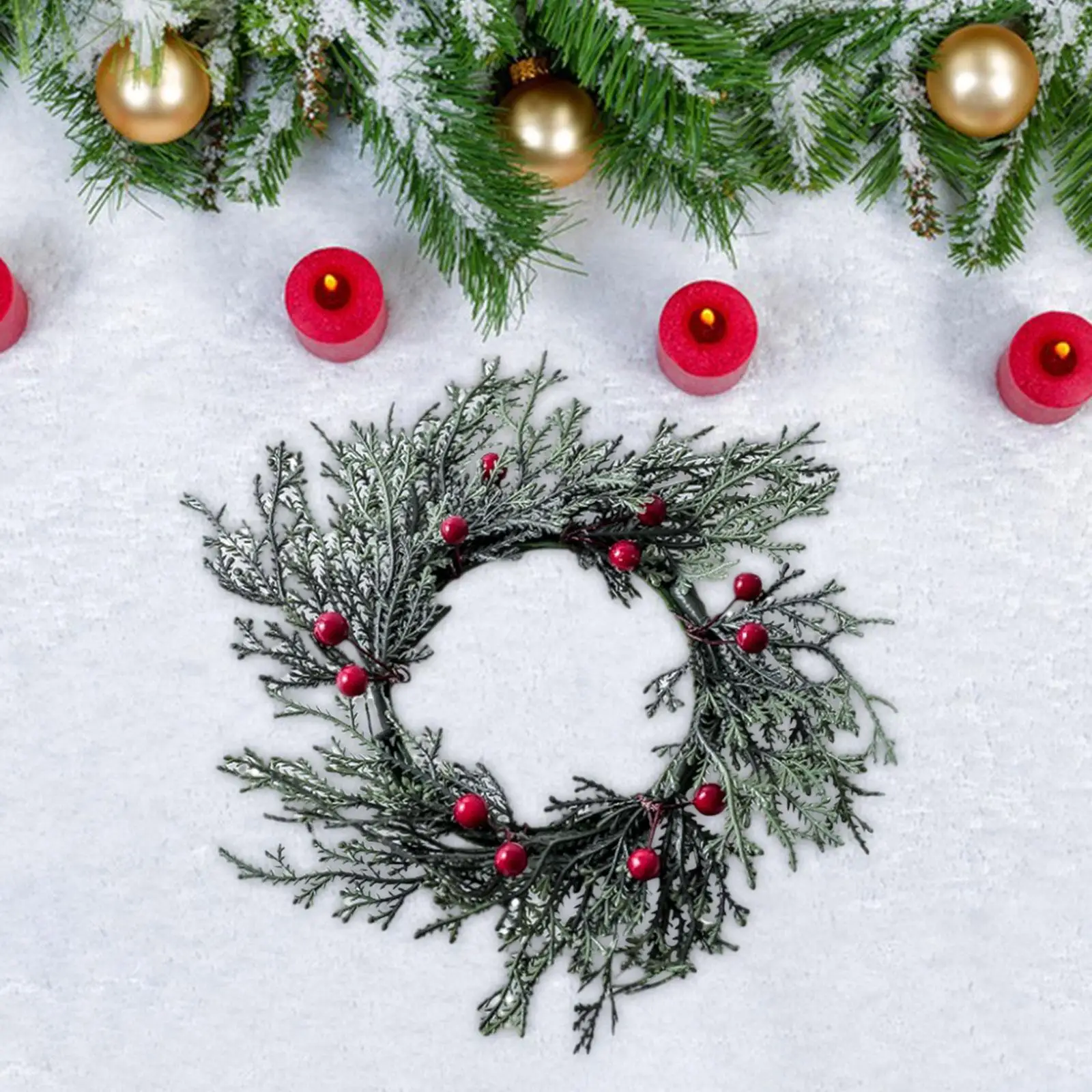 Christmas Candle Ring 8inch Artificial Wreath Christmas Garland Ornament for Pillars Farmhouse Holiday Party Home Table Decor