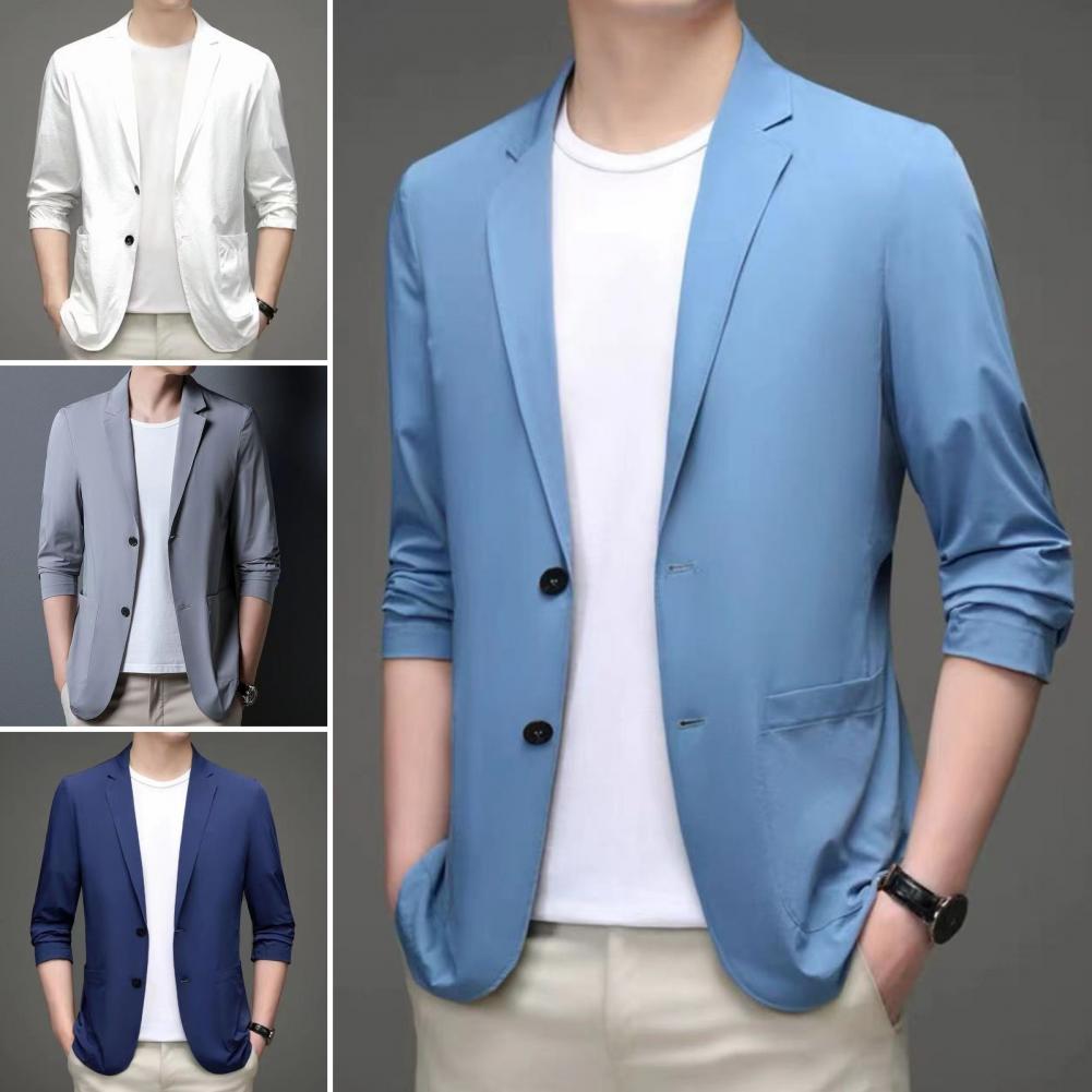 Description Picture 5 of itemMen Blazers Slim Fit Double Buttons Business Jacket Lapel 3/4 Sleeves Commuting Suit Coat Solid Color Lapel Groom Coat