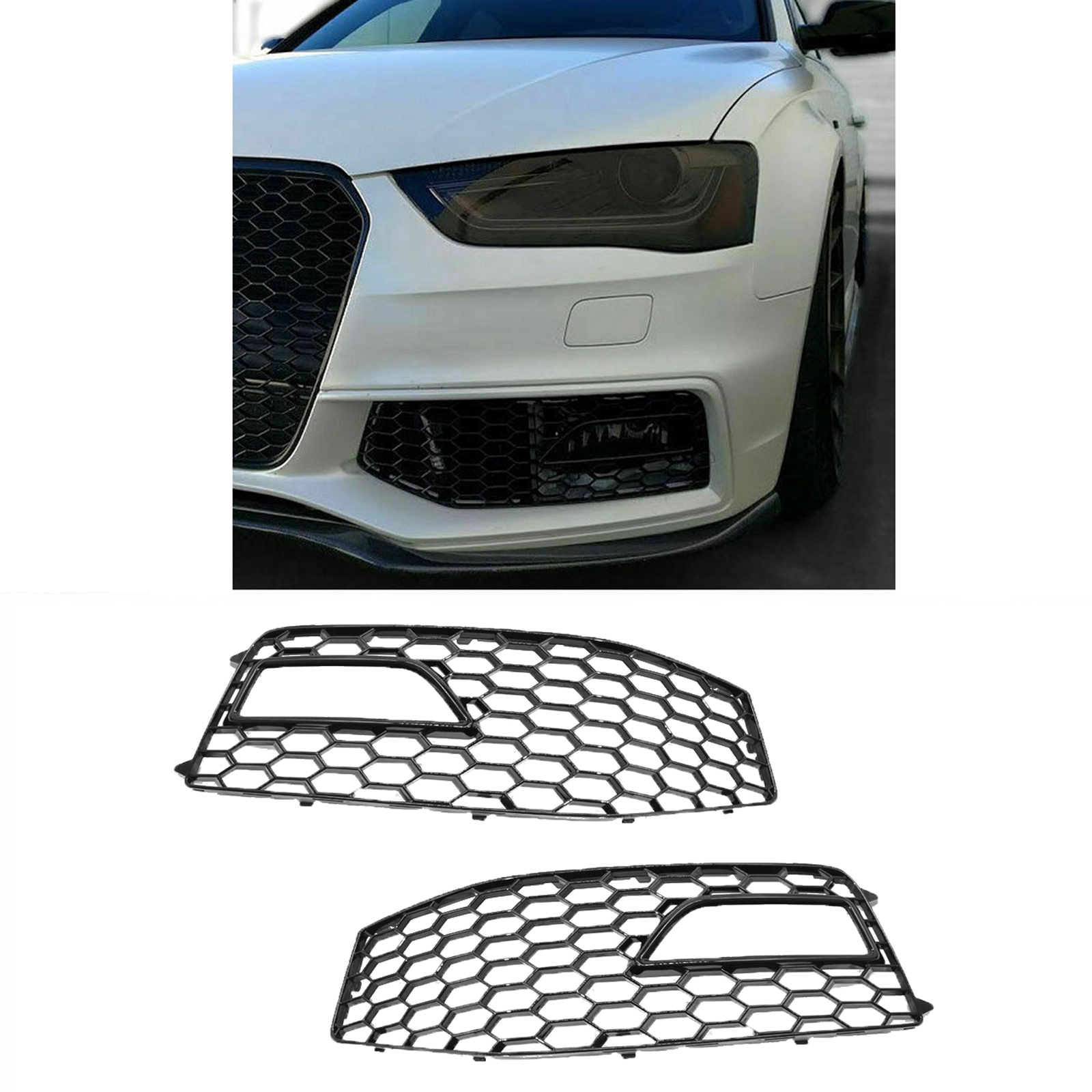 2 Pcs Fog Light Grilles Fog Lamp Frame For RS4 Style S-Line 13-16 Front Bumper Gloss Black