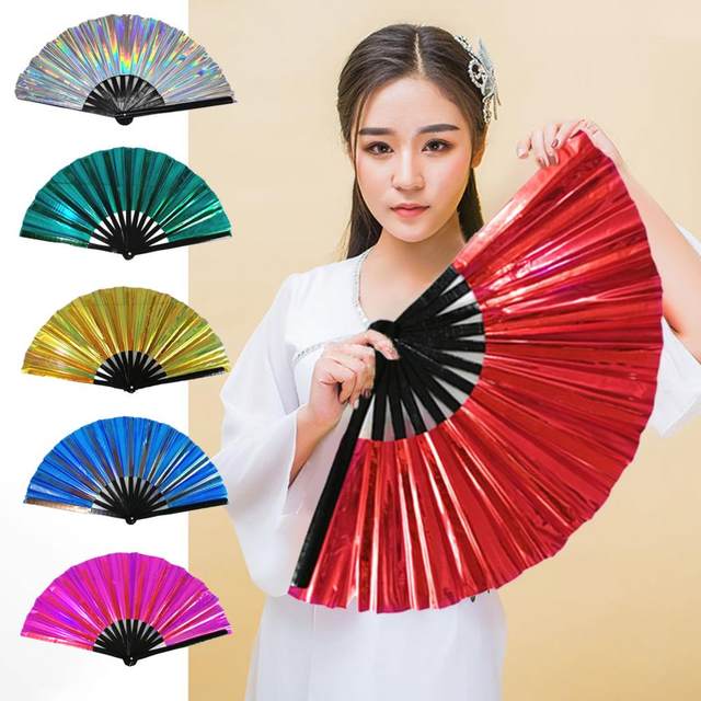 Boots On The Ground Fan,Large Holographic Folding Hand Fan Iridescent Clack Hand Fan,Foldable Craft Holding Laser Colors Hand Fan,for