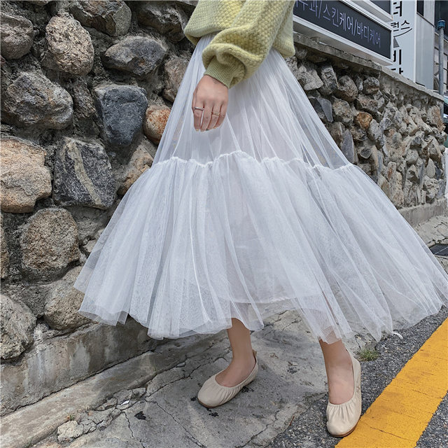 Women Ruffle Tutu Skirts A-Line Fairy Elastic Waist Tulle Midi