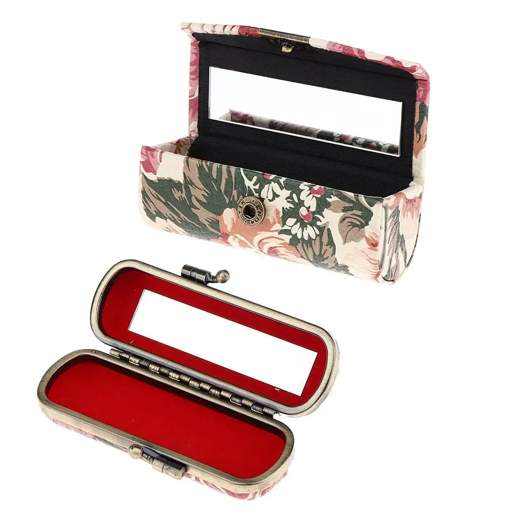 Peony Pattern Lipstick Mirror Case Lip Gloss Balm Storage Holder for Travel