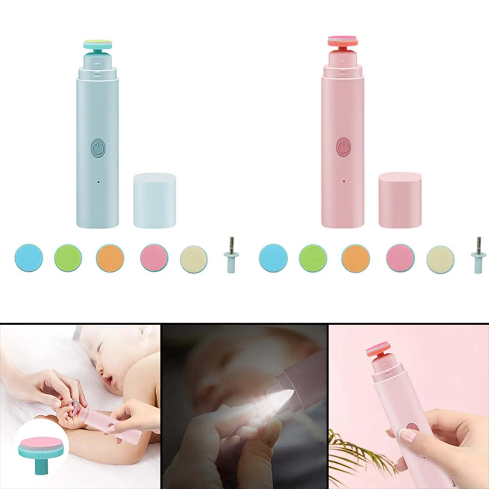 Baby Nail File Drill Polish Safety LED Light Trim Manicure Care Grooming 6 in 1 Clipper Cutter for Newborn Toes Fingers Infant