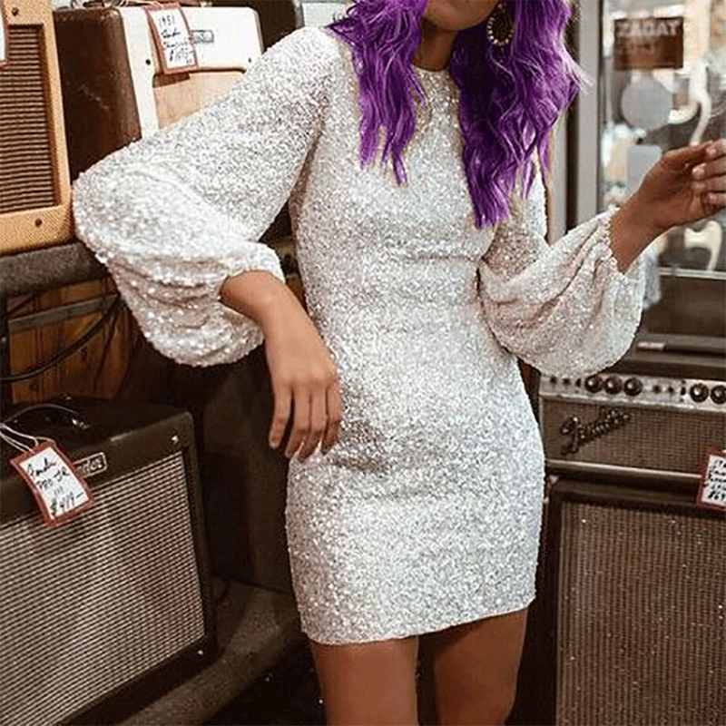 sparkly long sleeve round neck sequin mini dress Sparkling Silver Sequin Mini Silver Sequin Dress With... From Lianwu07, Rs.563.93