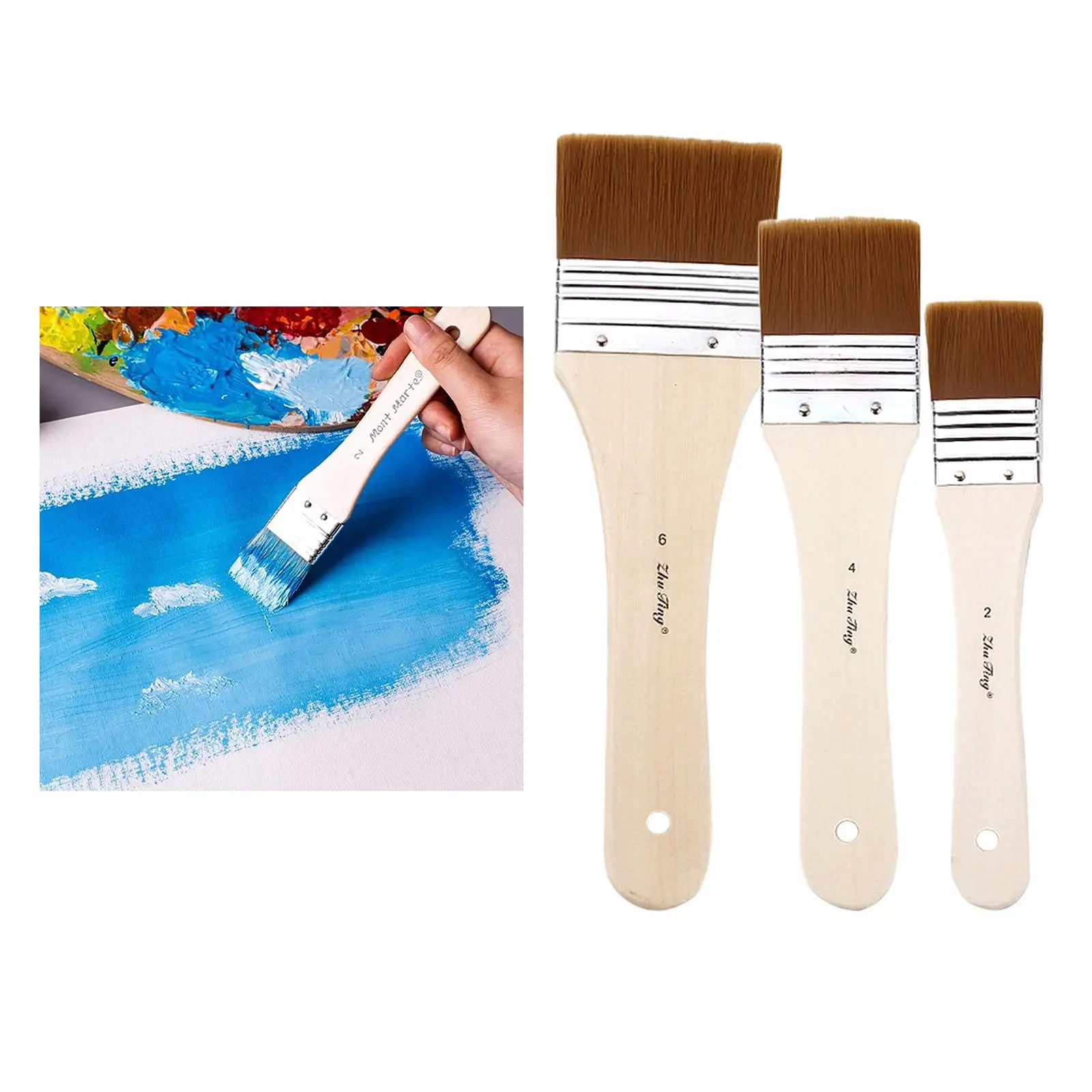 3x Paint Brushes, Wood Handle, Paint Brushes Set, for Oil Painting, Brush, Washable and Reusable