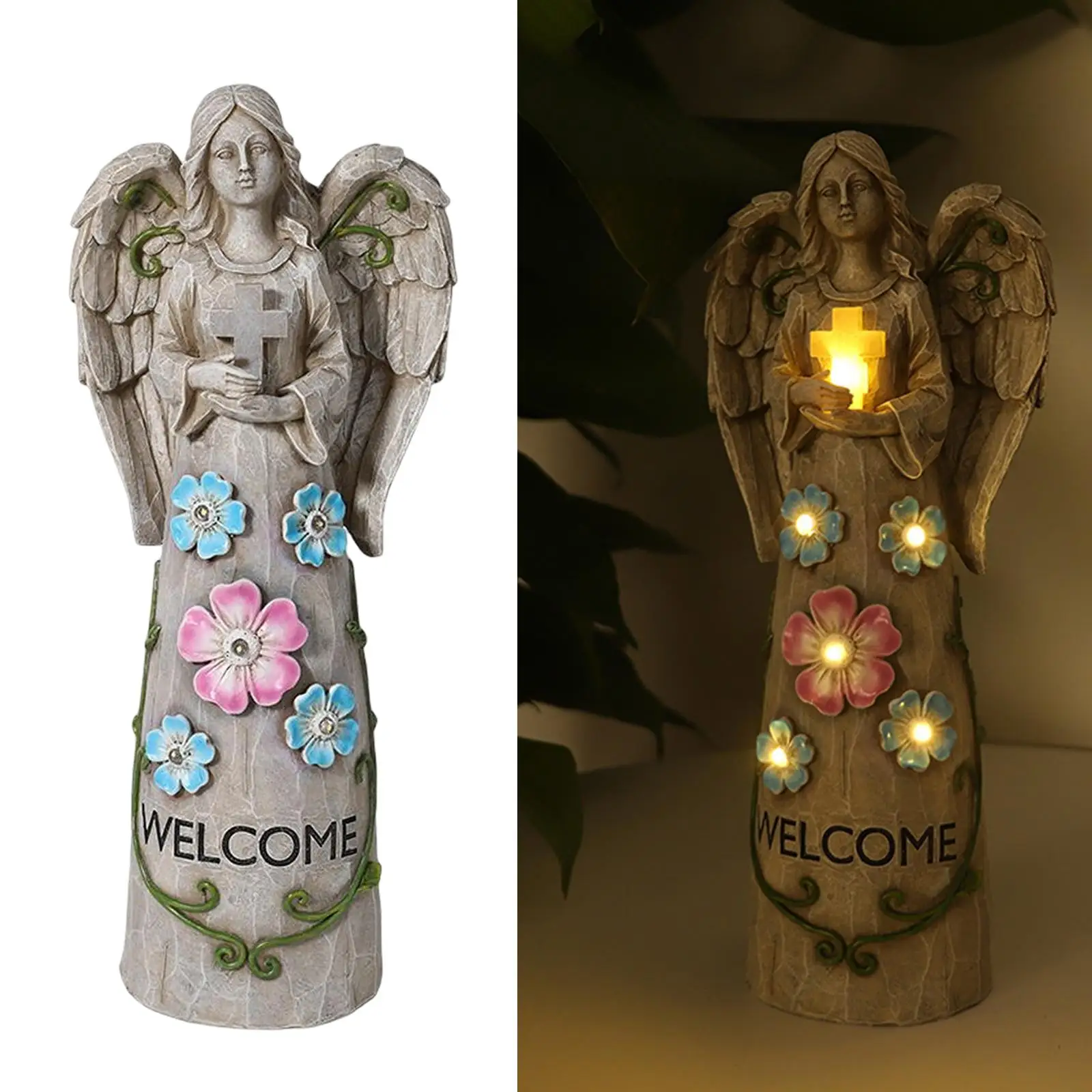 LED Angel Figurine Solar Lamp Sculpture Decor Craft Ornament Praying Welcome Light for Outdoor Garden Living Room Bedroom Patio