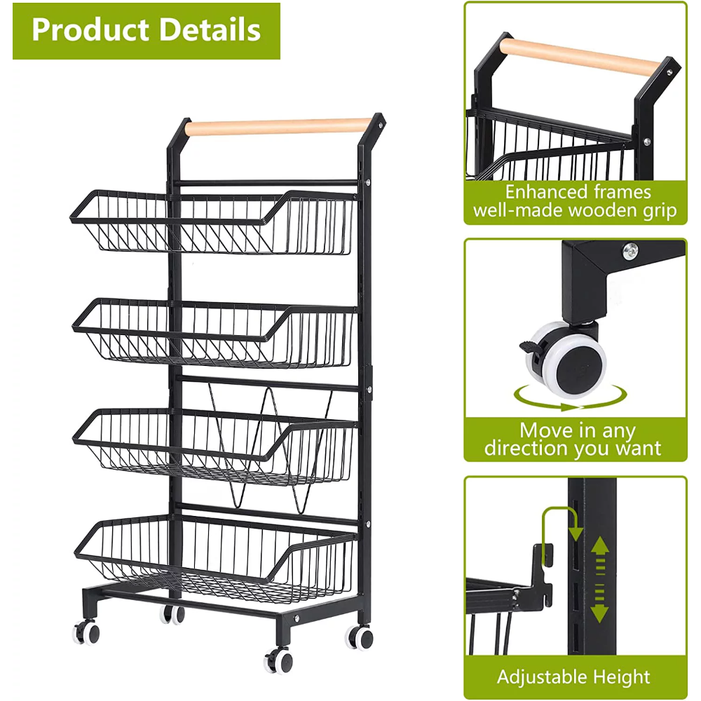 4 Tier Fruit Vegetable Storage Basket Rolling Cart With Handle And Wheels, Black