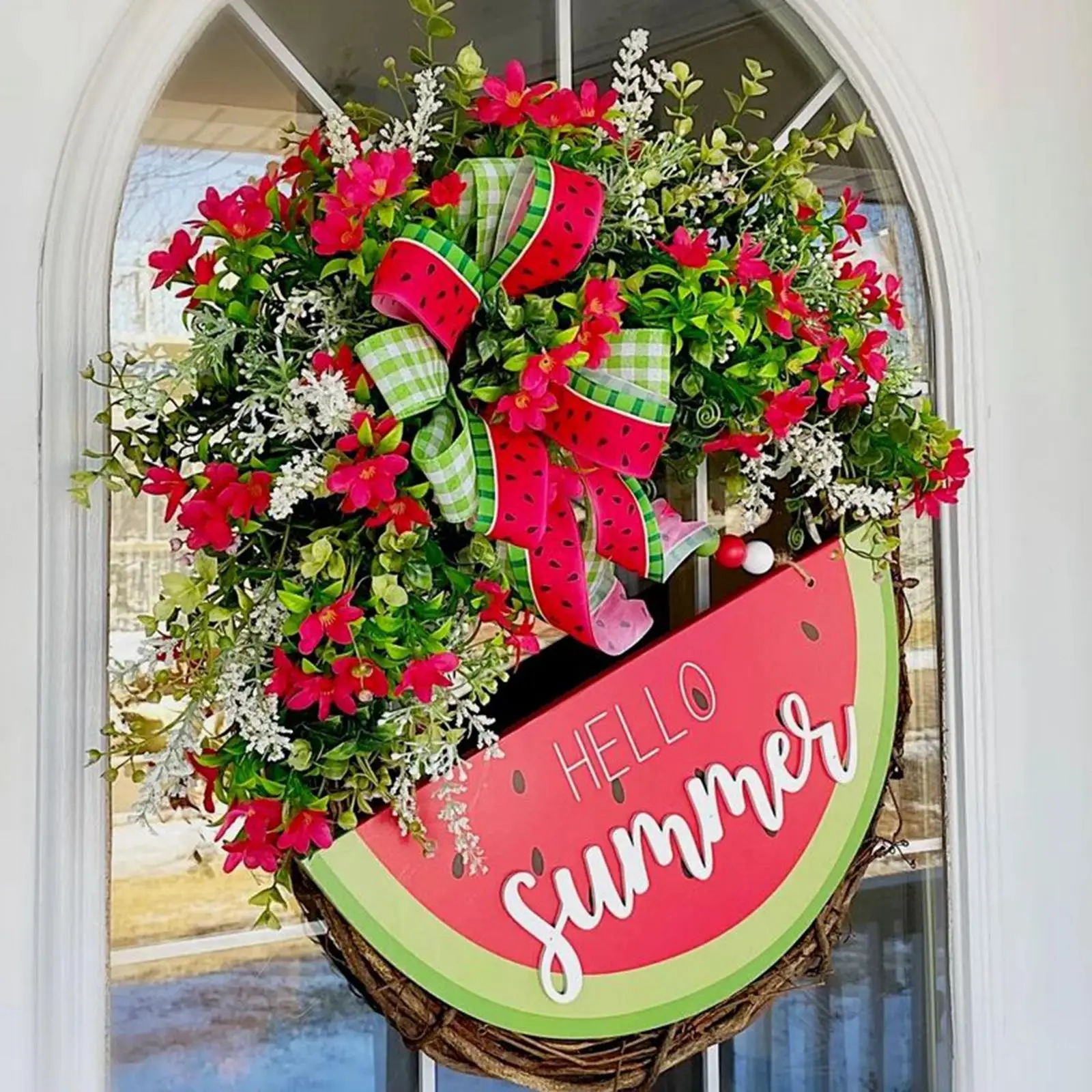 Summer Watermelon Door Sign Artificial Flower Wreath Garland Hanging Sign Plaque Watermelon Wreath for Wall Mantel Wedding Party