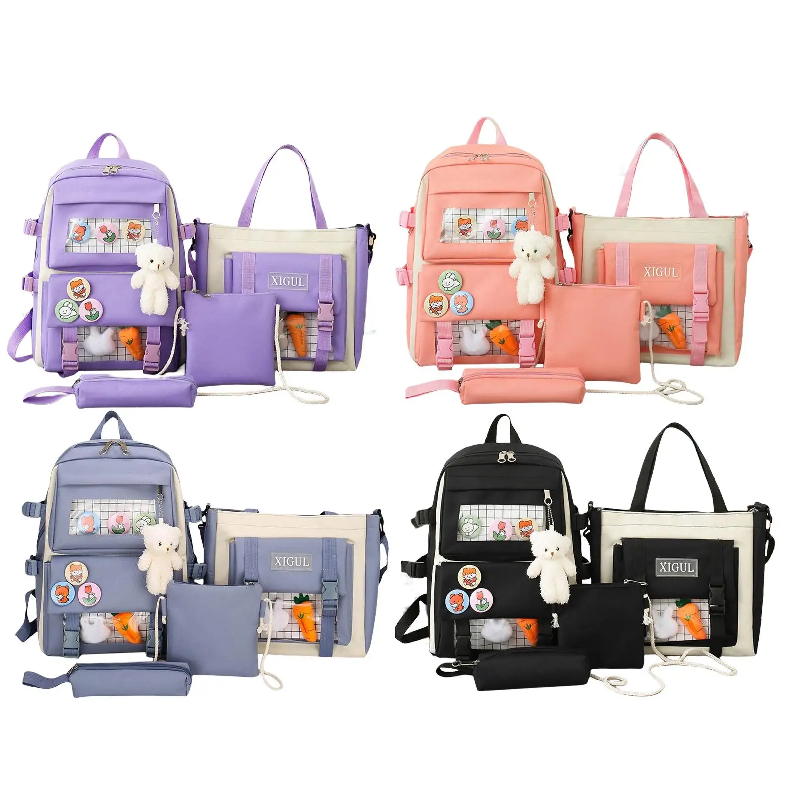 4 Pcs Sets Canvas Schoolbags for Teenage Girls Women Backpack Canvas Kids Primary  College Student Backpacks