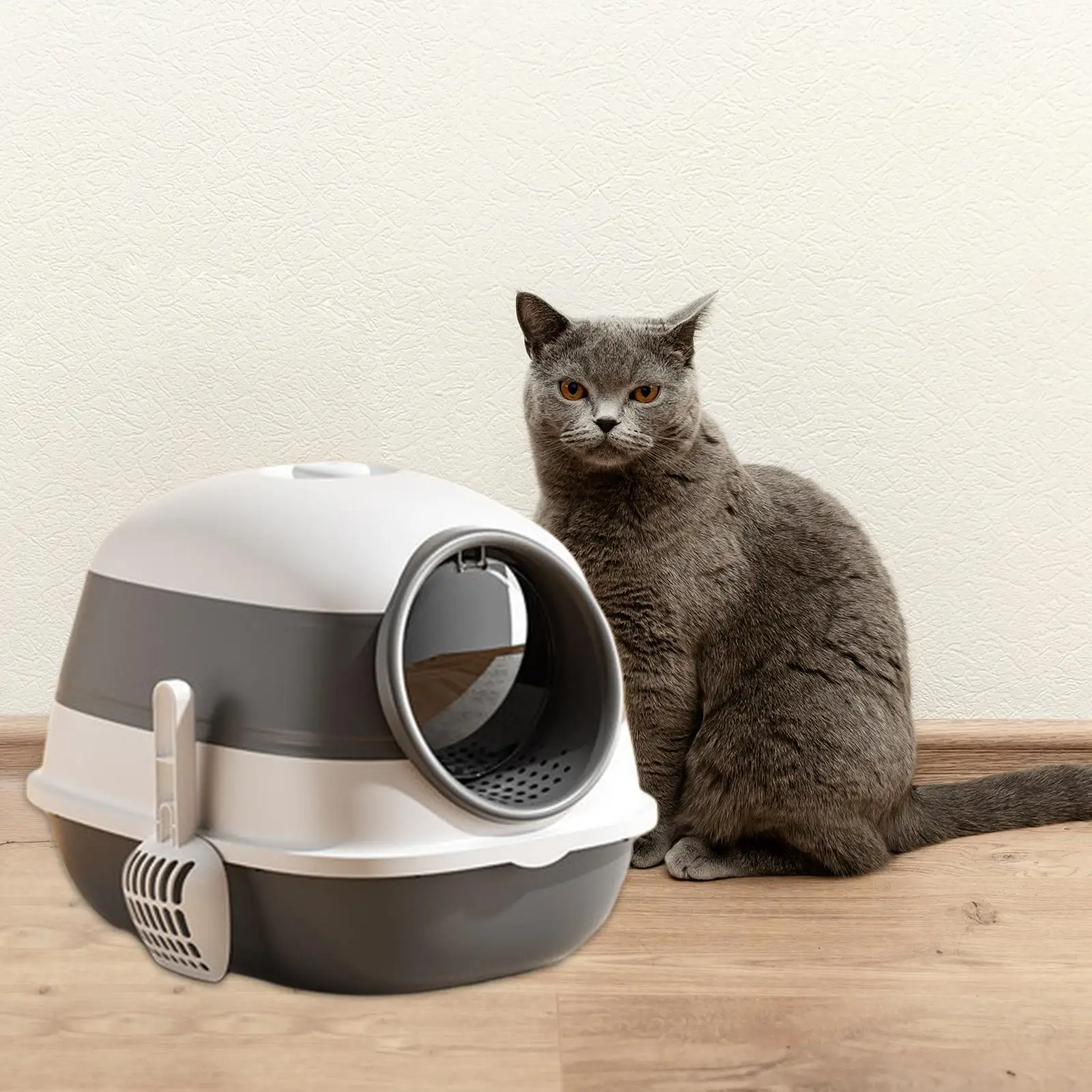 Hooded Cat Litter Box Indoor Cats Enclosed Cat Toilet Splashproof High Edge with Door Pedal Large Kitty Litter Tray for Puppy